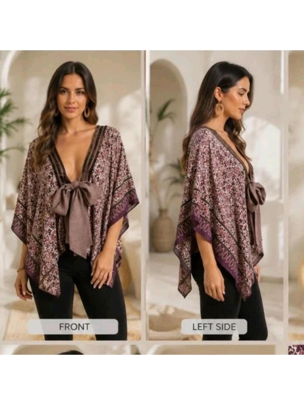 Katayone Adeli Women Top XS VTG. Tie Front Brown Floral Blouse Kimono Style #A